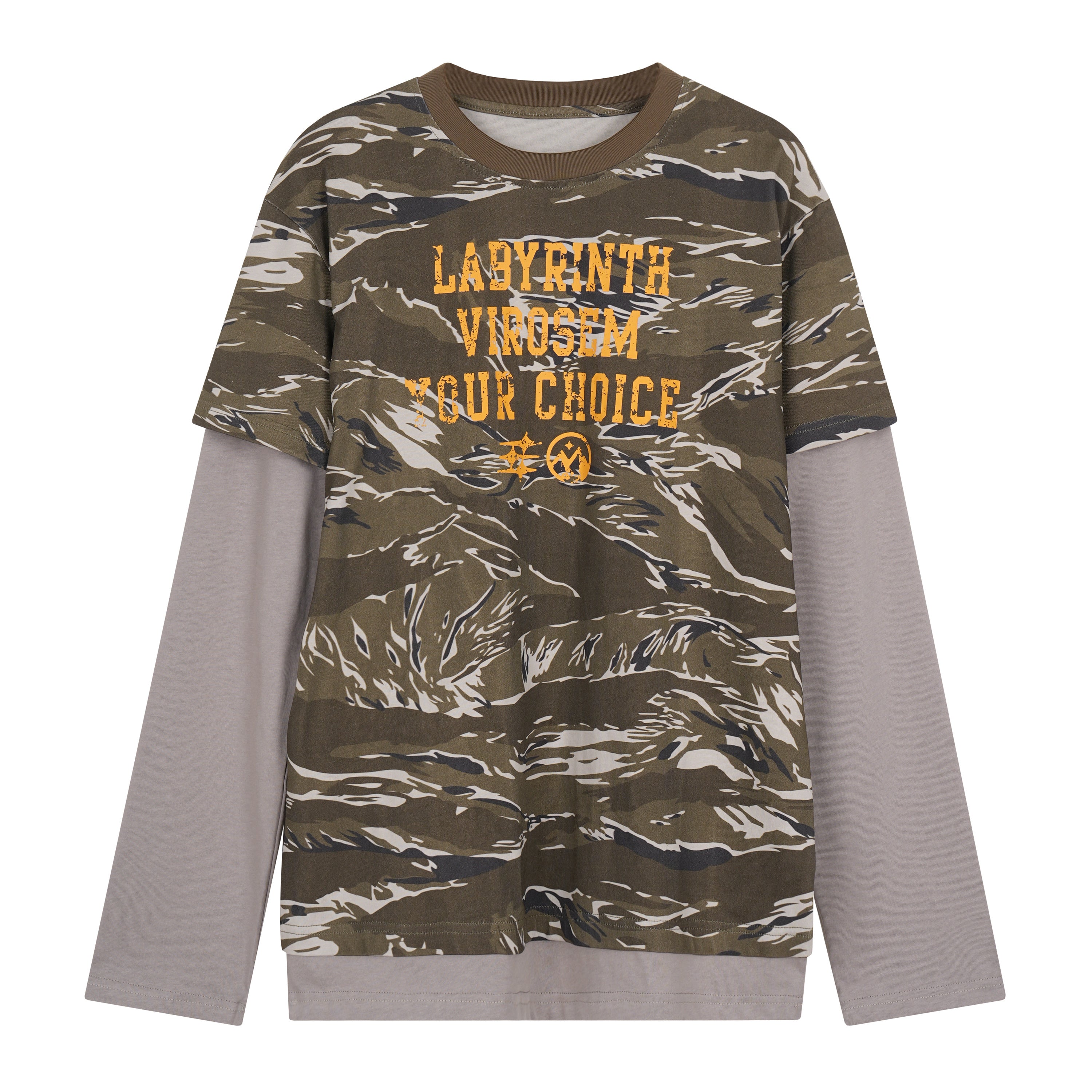 Front view of a tiger-stripe camo layered long sleeve tee with distressed amber graphic print on a white background