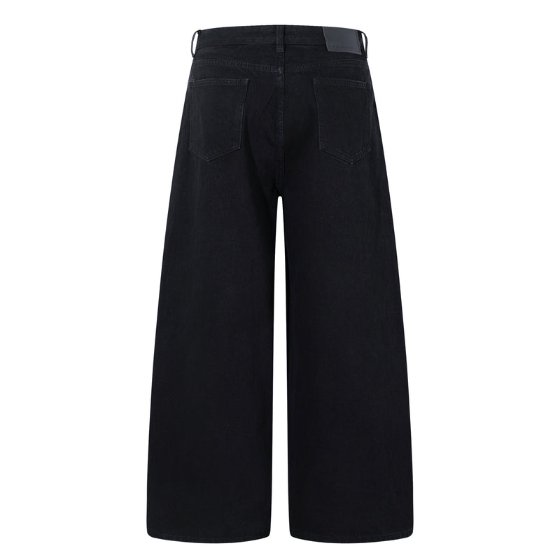 Back view of black wide-leg denim jeans with plain pockets and wide leg silhouette