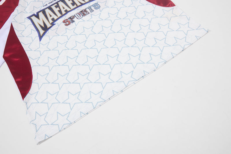 White mesh football jersey with pale blue stars and red side panels, featuring a bold MAFA sports graphic on the chest