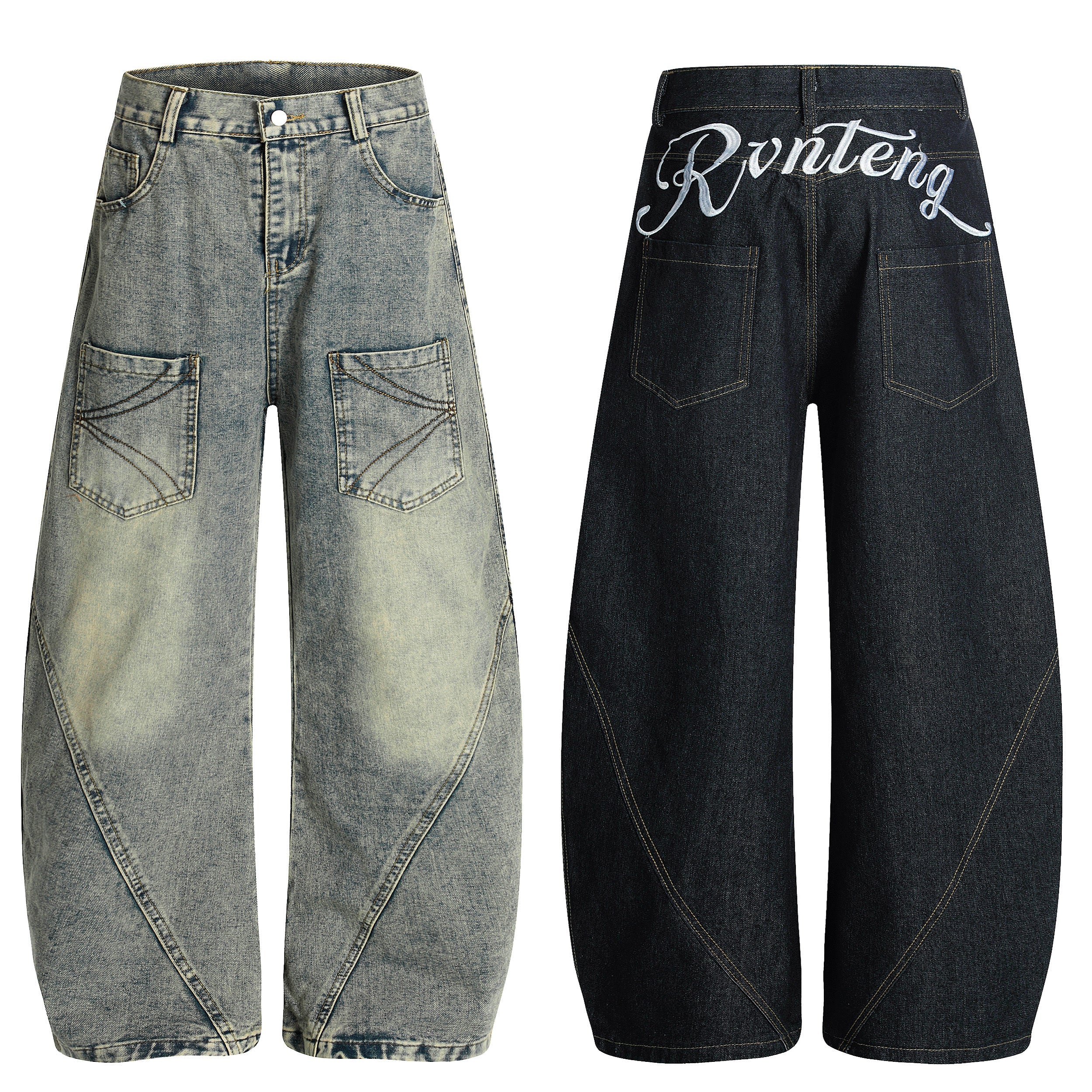 Front and back view of Omirad Arc Stitch wide-leg jeans in washed blue and raw dark indigo with cursive Rvnteng back embroide