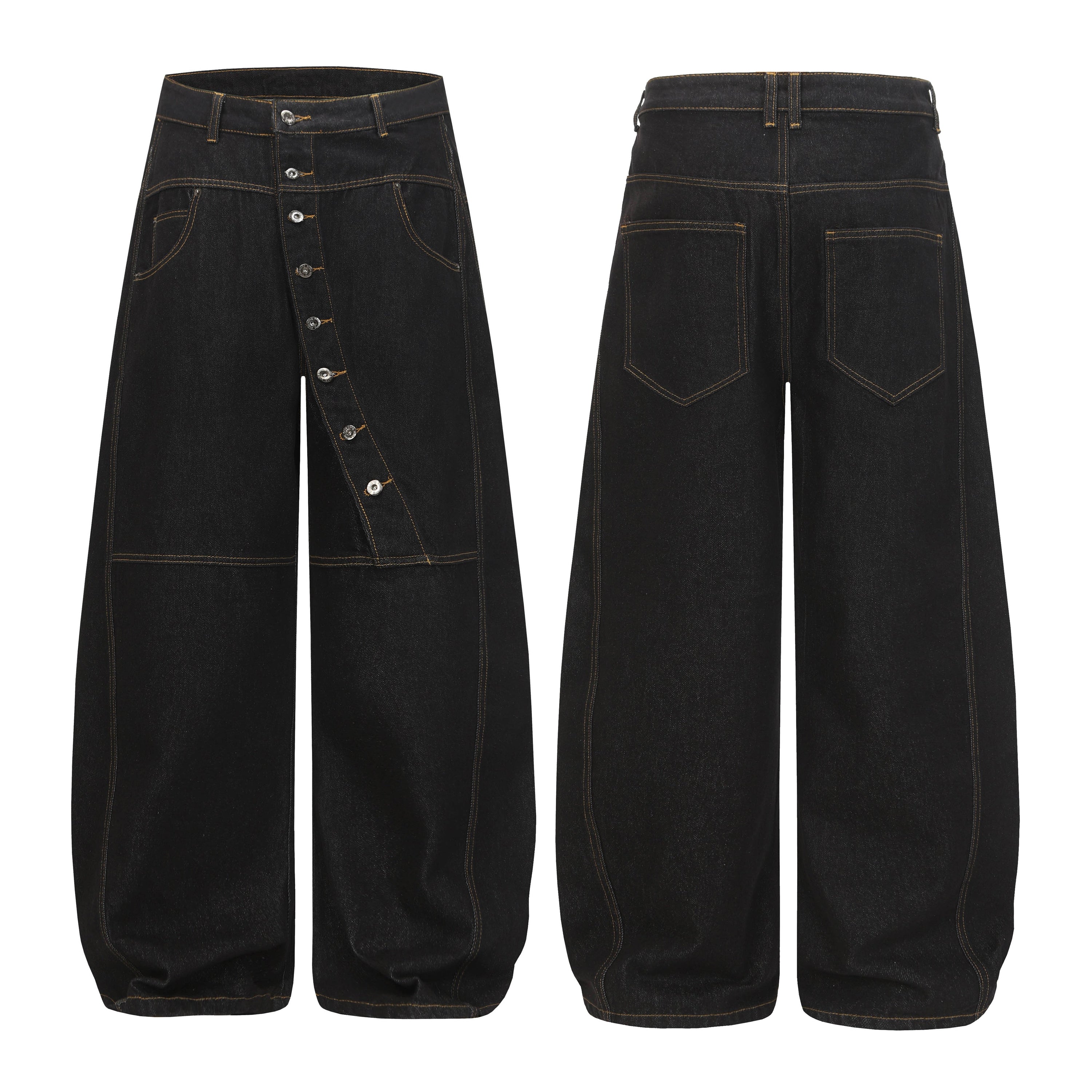 Front and back view of black wide-leg balloon denim pants with diagonal button fly and contrast amber stitching