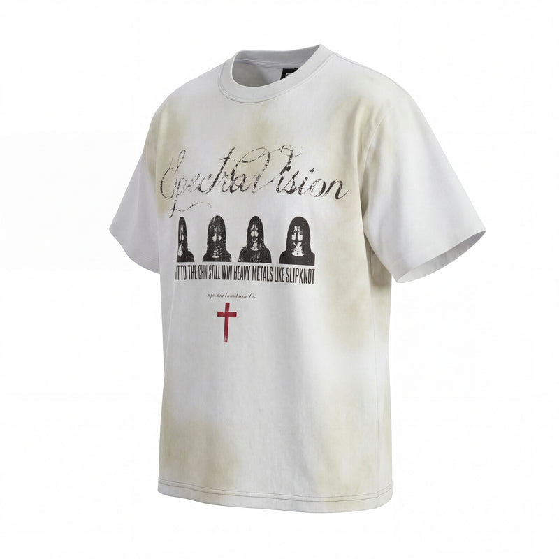 Washed white distressed graphic tee with faded black print, portrait artwork, and a red cross detail