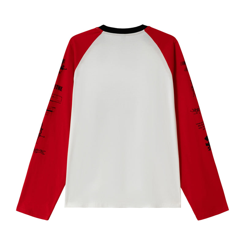 Back of white raglan long-sleeve T-shirt with red sleeves and black collar