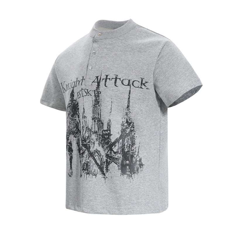 Gray short-sleeve polo tee with stand collar and black knight attack graphic print on the front