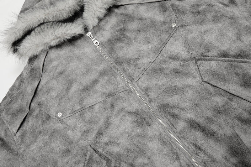 Washed Faux-Fur Hooded Bomber Jacket | Streetwear Winter Coat