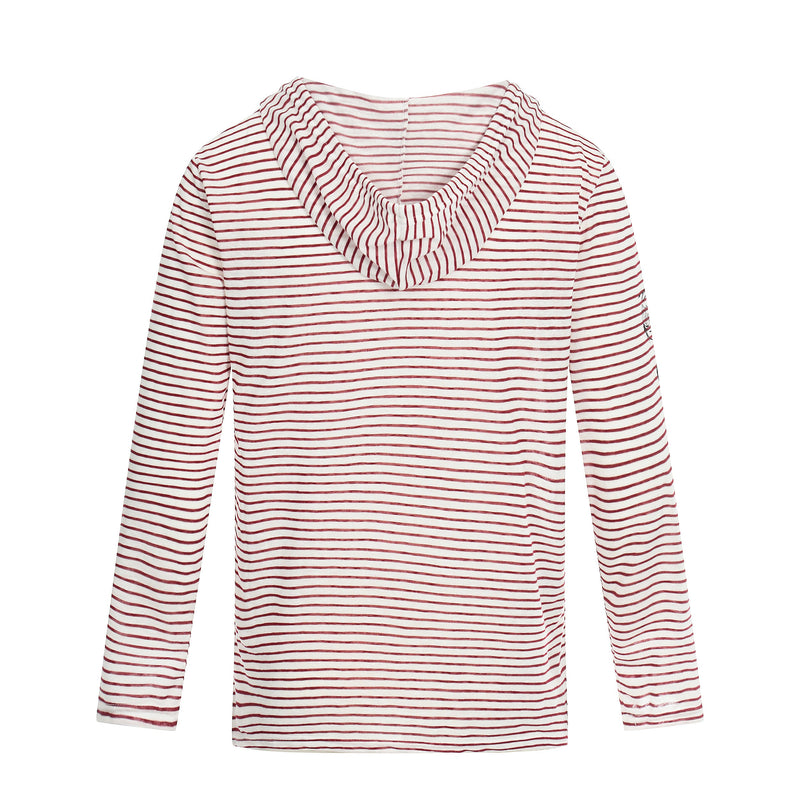 Back view of red striped hoodie tee with hood and horizontal stripes