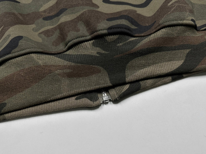 Close-up of lower hem and zipper on camo hoodie