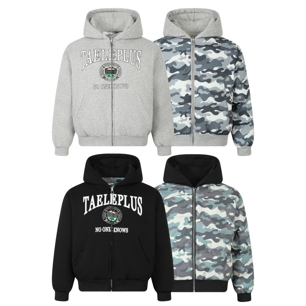 TAELEPLUS reversible hoodie jacket shown in grey and black colourways with varsity logo front and grey camo reverse side