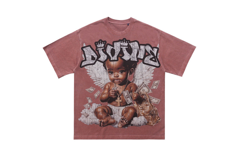Vintage washed dusty rose graphic T-shirt with a baby angel print, graffiti-style lettering, and streetwear details