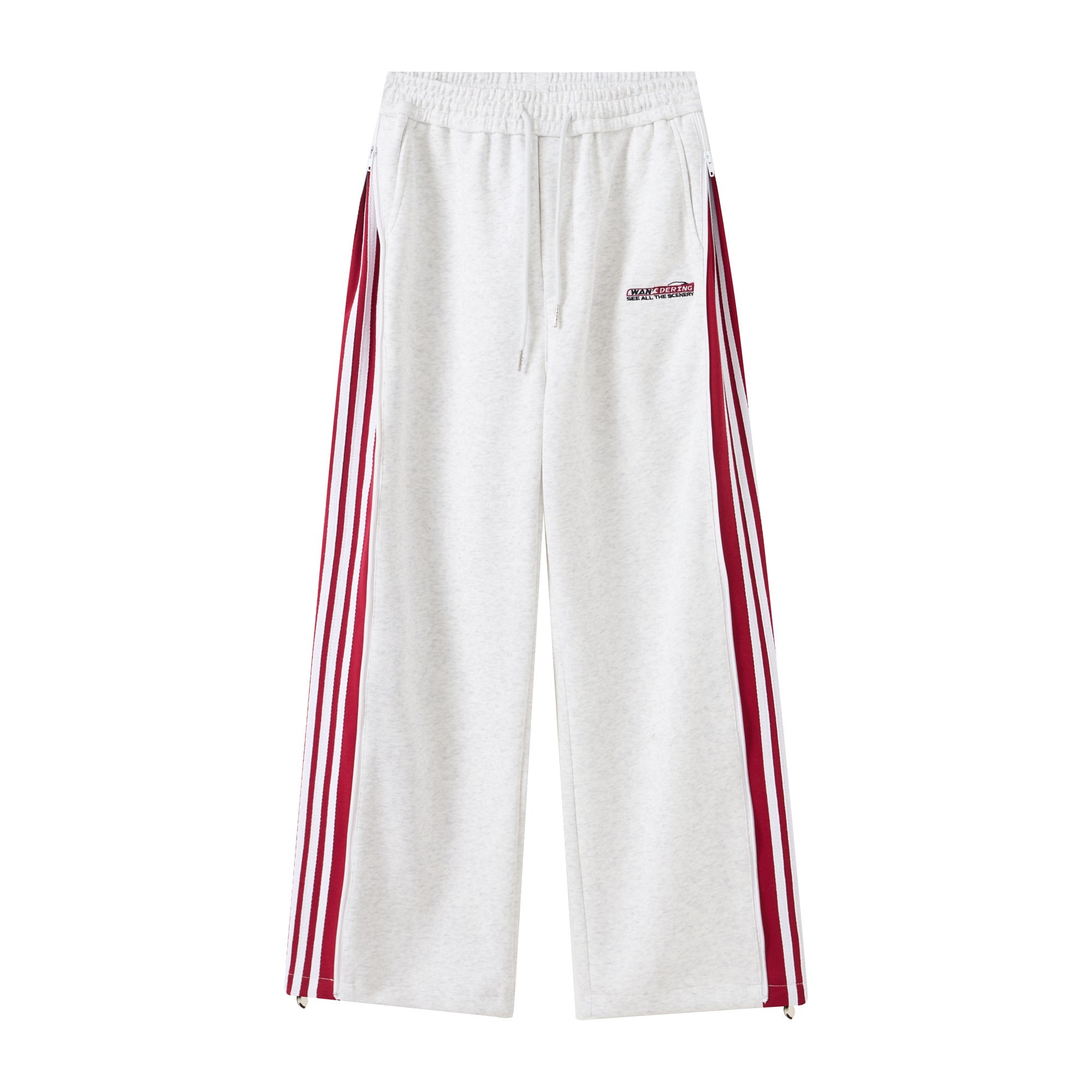 Light grey wide-leg track pants with red and white triple side stripes, drawstring waist and zip hems, front view