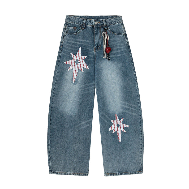 Gingham Star Patchwork Wide-Leg Jeans | Vintage Wash