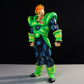 The Seakoff Android 16 Collectible Figure – Dragon Ball Z features a confident pose with bright orange spiky hair, detailed green and blue armored suit, large shoulder pads, and green boots, all set against a plain dark background. Measures 41cm.