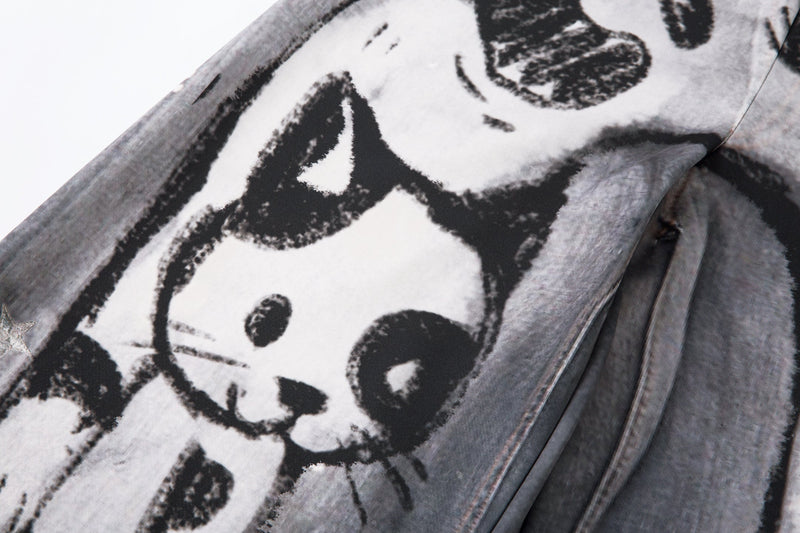 Cat Print Barrel Leg Jeans | Washed Grey Street Art Denim