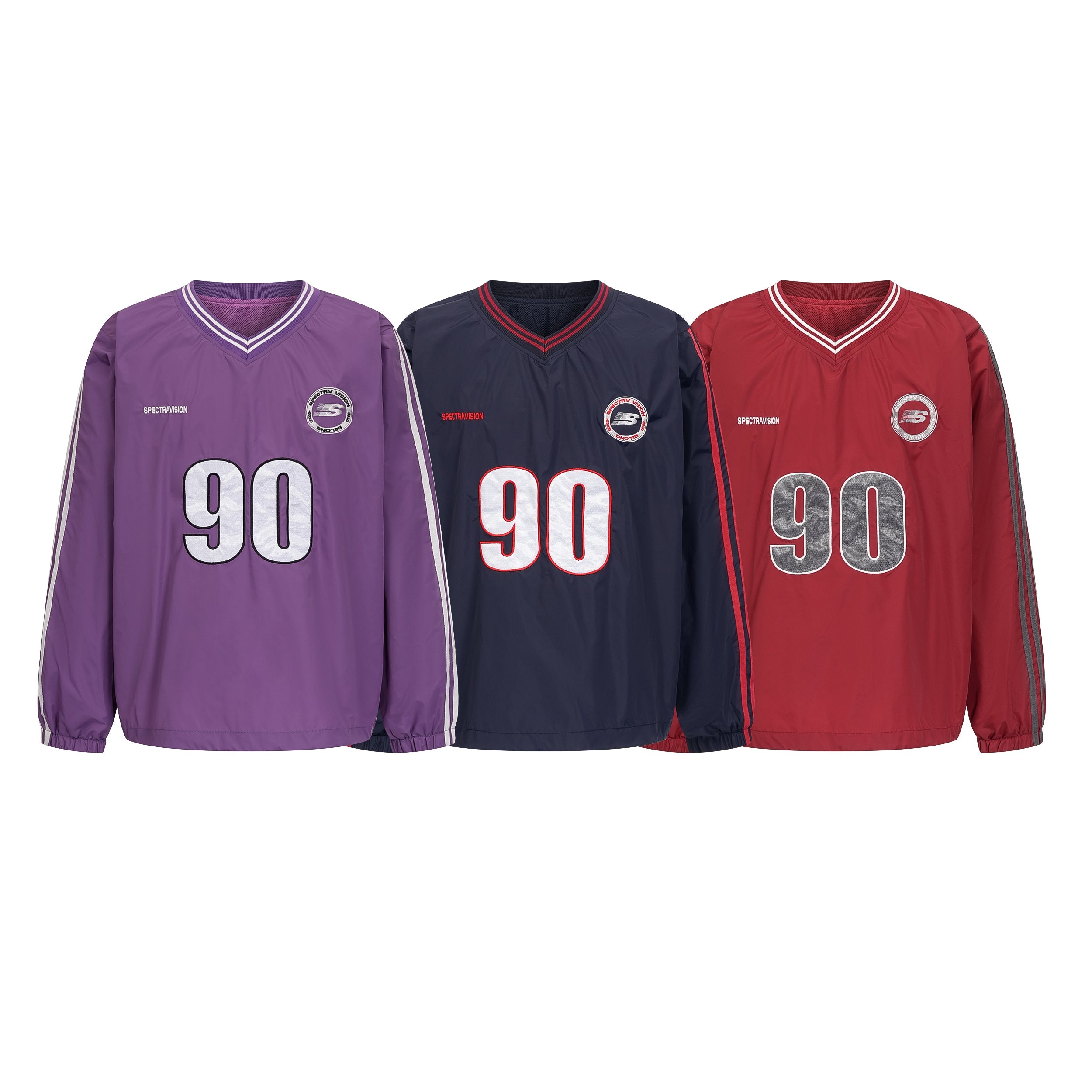 Burgundy red retro nylon pullover with oversized 90 graphic, striped sleeves, and V-neck collar on white background