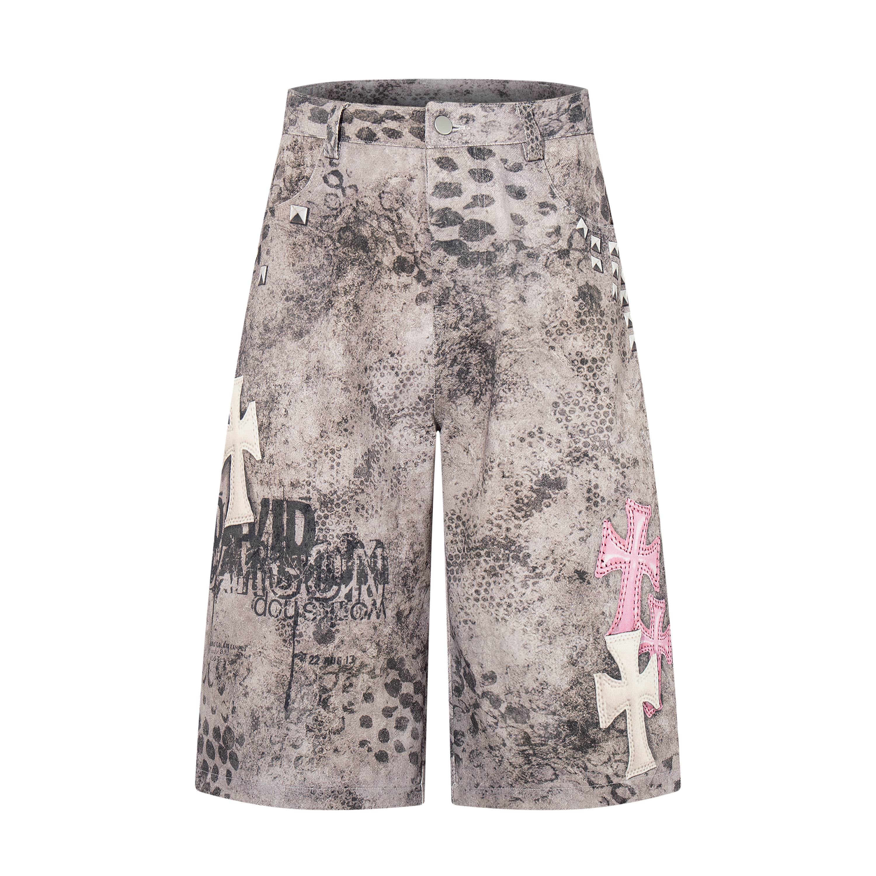 Grunge Cross Patch Washed Denim Shorts | Streetwear