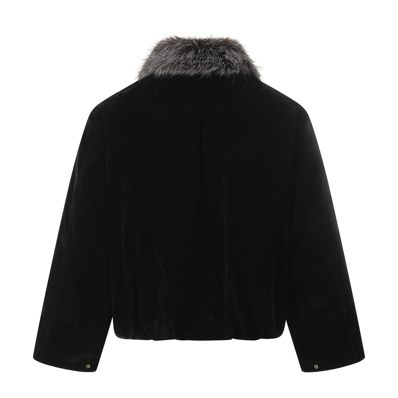 Faux Fur Collar Velvet Bomber Jacket | Cropped Streetwear