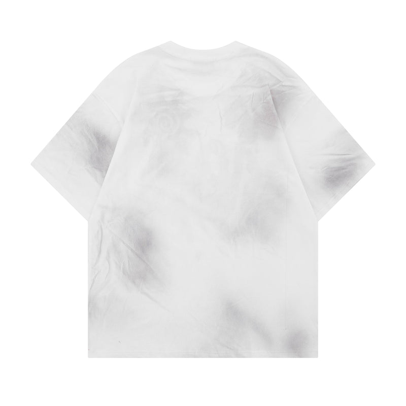 White washed oversized graphic tee with subtle cloud-dye texture and relaxed short sleeves on a clean background