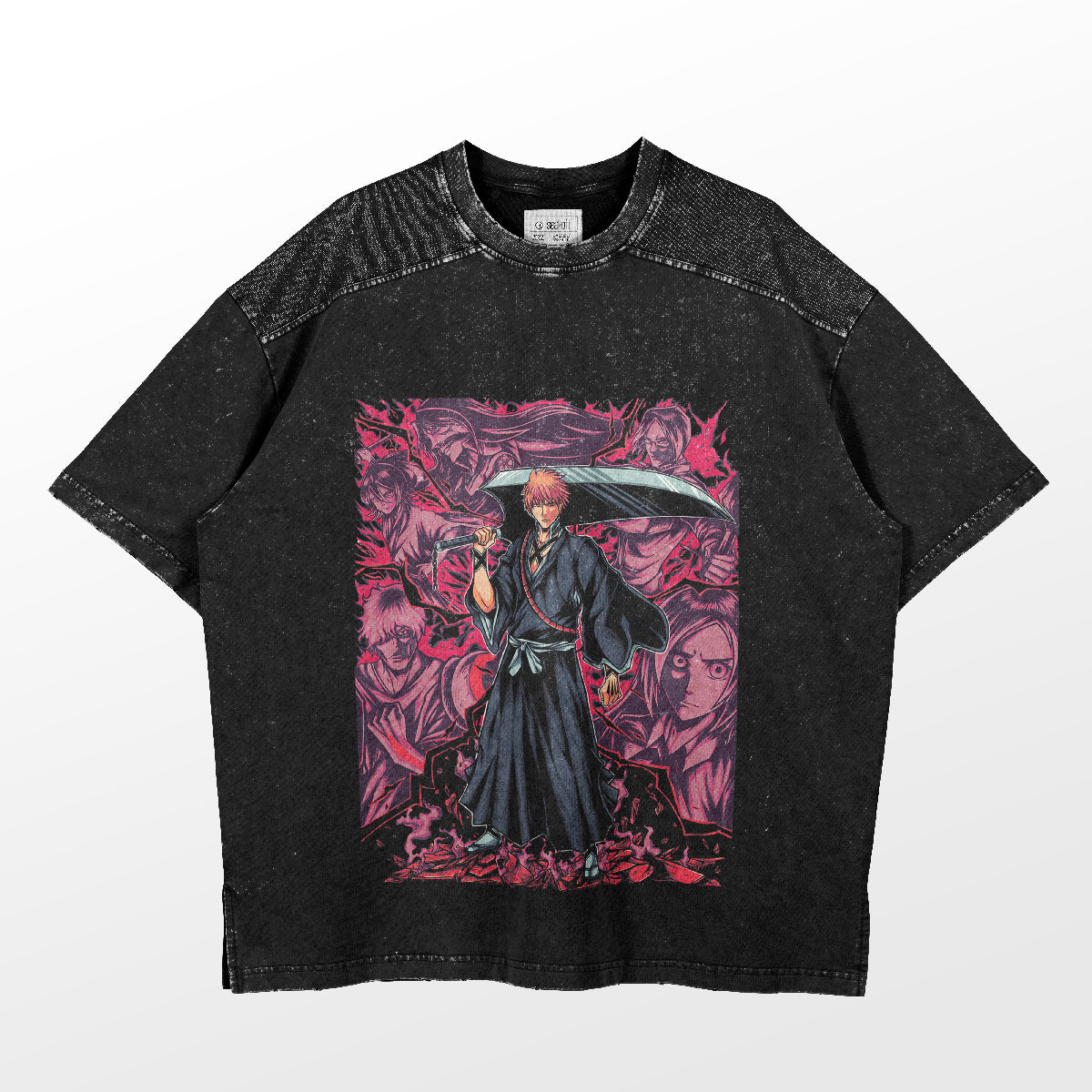 The Bleach Shirt by Bleach is a black T-shirt with an anime-style design ideal for everyday wear, featuring a central robed figure with a sword and umbrella. Surrounded by characters in vivid pink and purple hues, it’s crafted from high-quality cotton fabric.