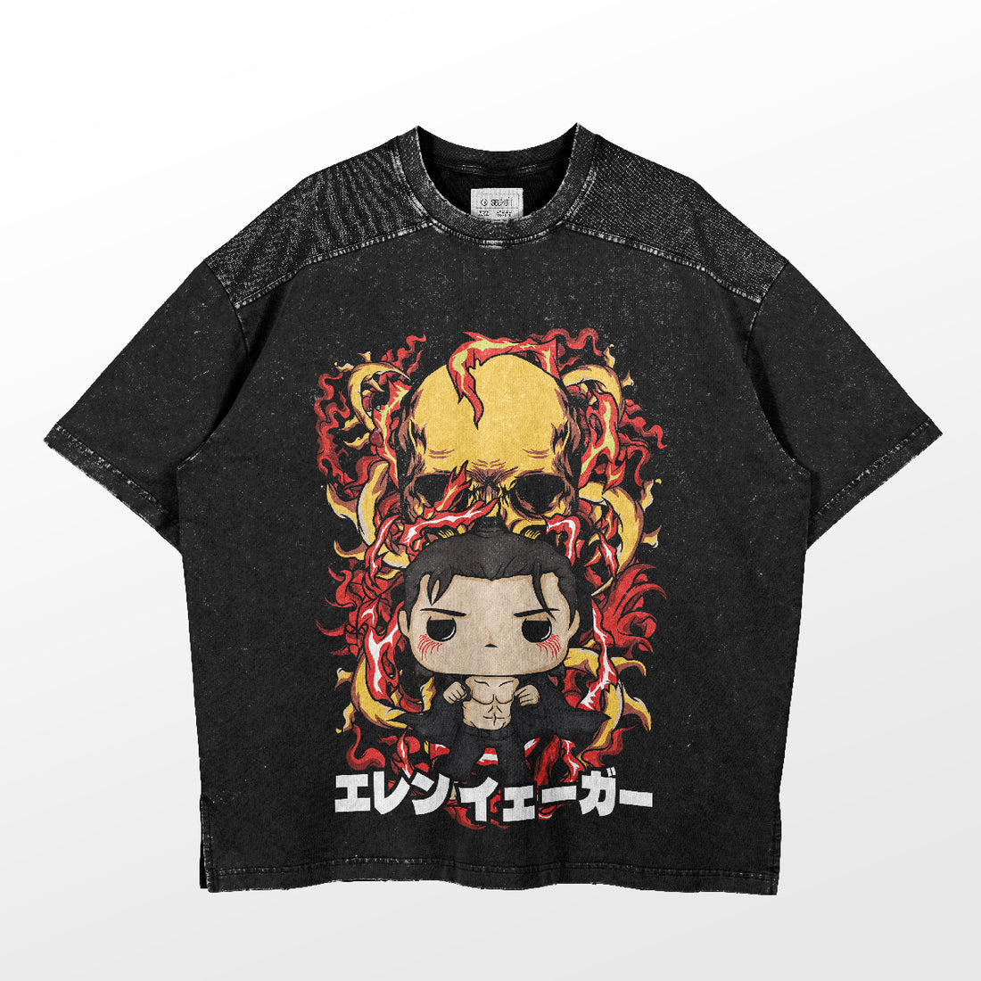 The Chibi Eren Yeager Fire Skull Attack on Titan T-Shirt by Attack on Titan features a distressed black design with a chibi Eren surrounded by flames and Japanese text, ideal for anime conventions.