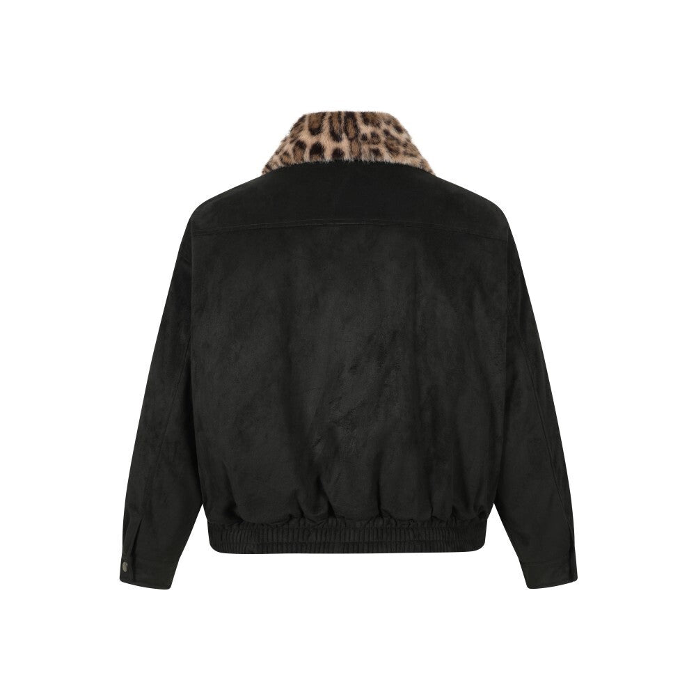 Leopard Faux Fur Collar Suede Bomber Jacket | Omirad