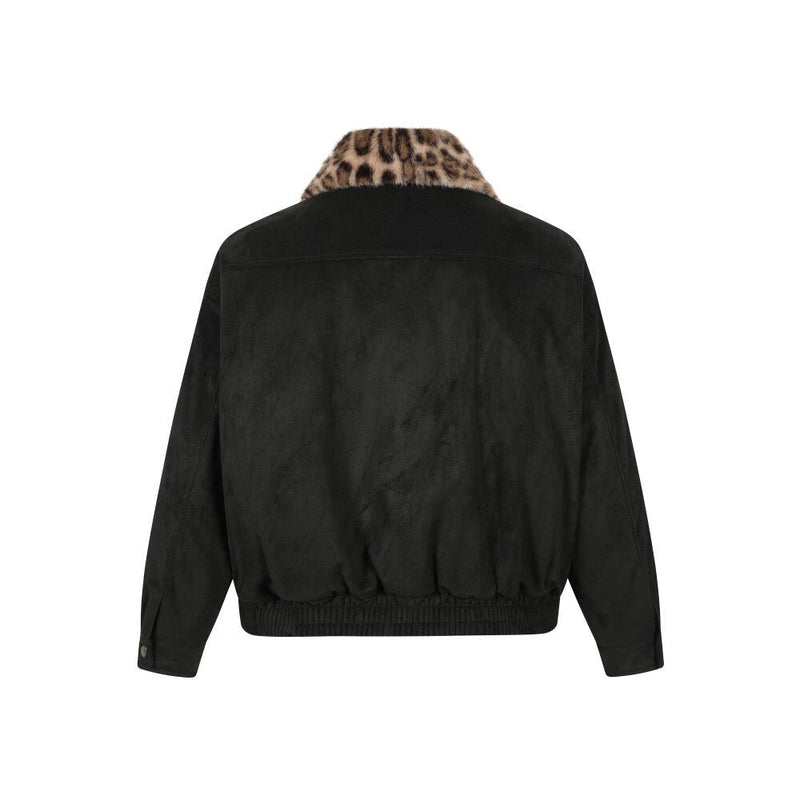Leopard Faux Fur Collar Suede Bomber Jacket | Omirad