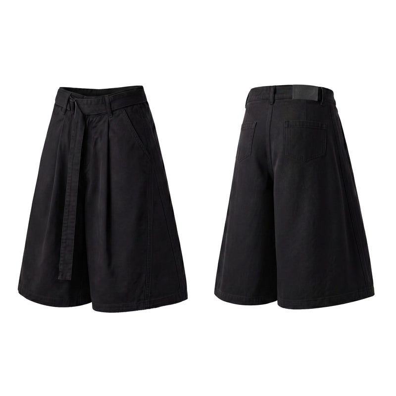 Black wide-leg pleated shorts with matching belt, front and back views