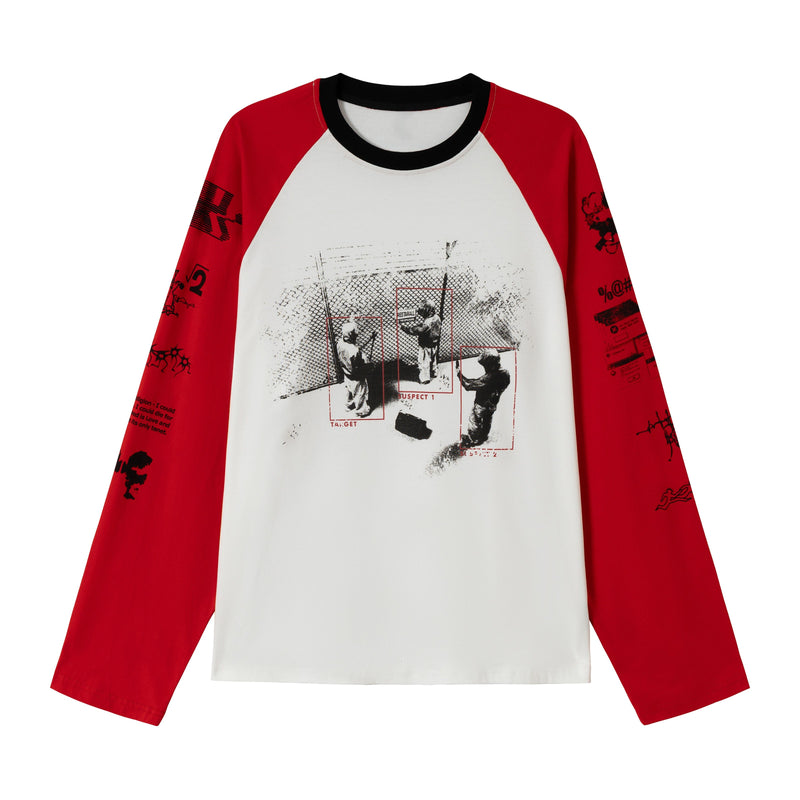 White raglan long-sleeve T-shirt with red sleeves and black collar, front graphic print
