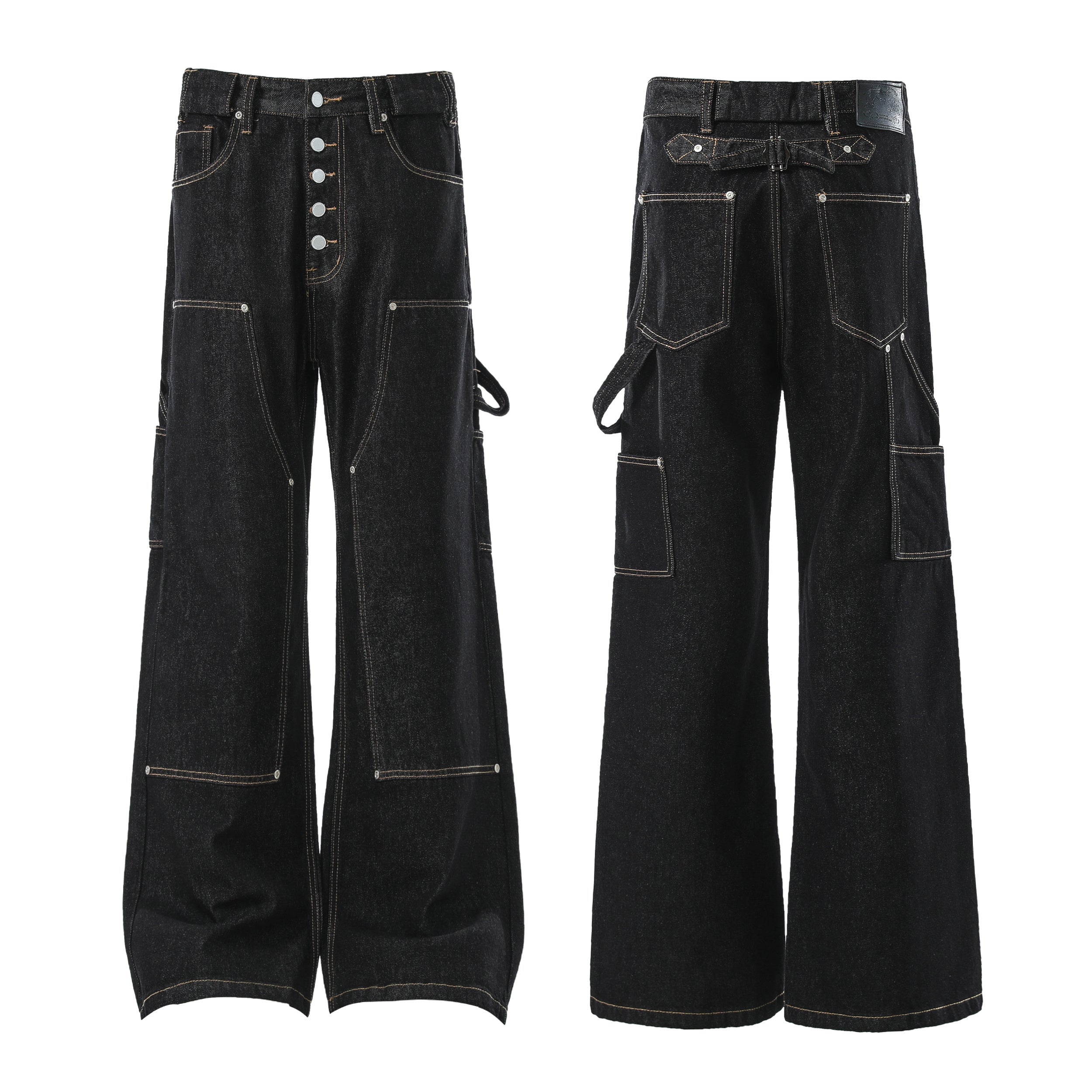 Front and back view of black wide-leg cargo denim pants with contrast stitching, button fly, and multiple utility pockets