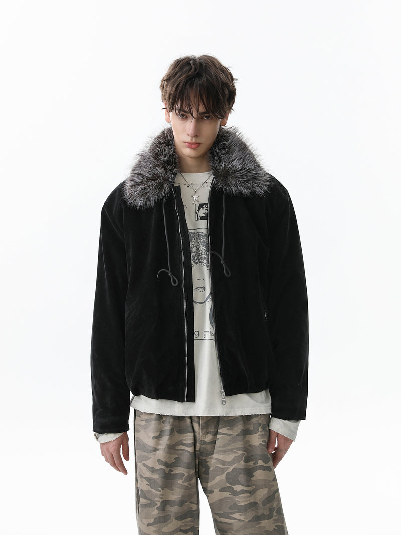Faux Fur Collar Velvet Bomber Jacket | Cropped Streetwear