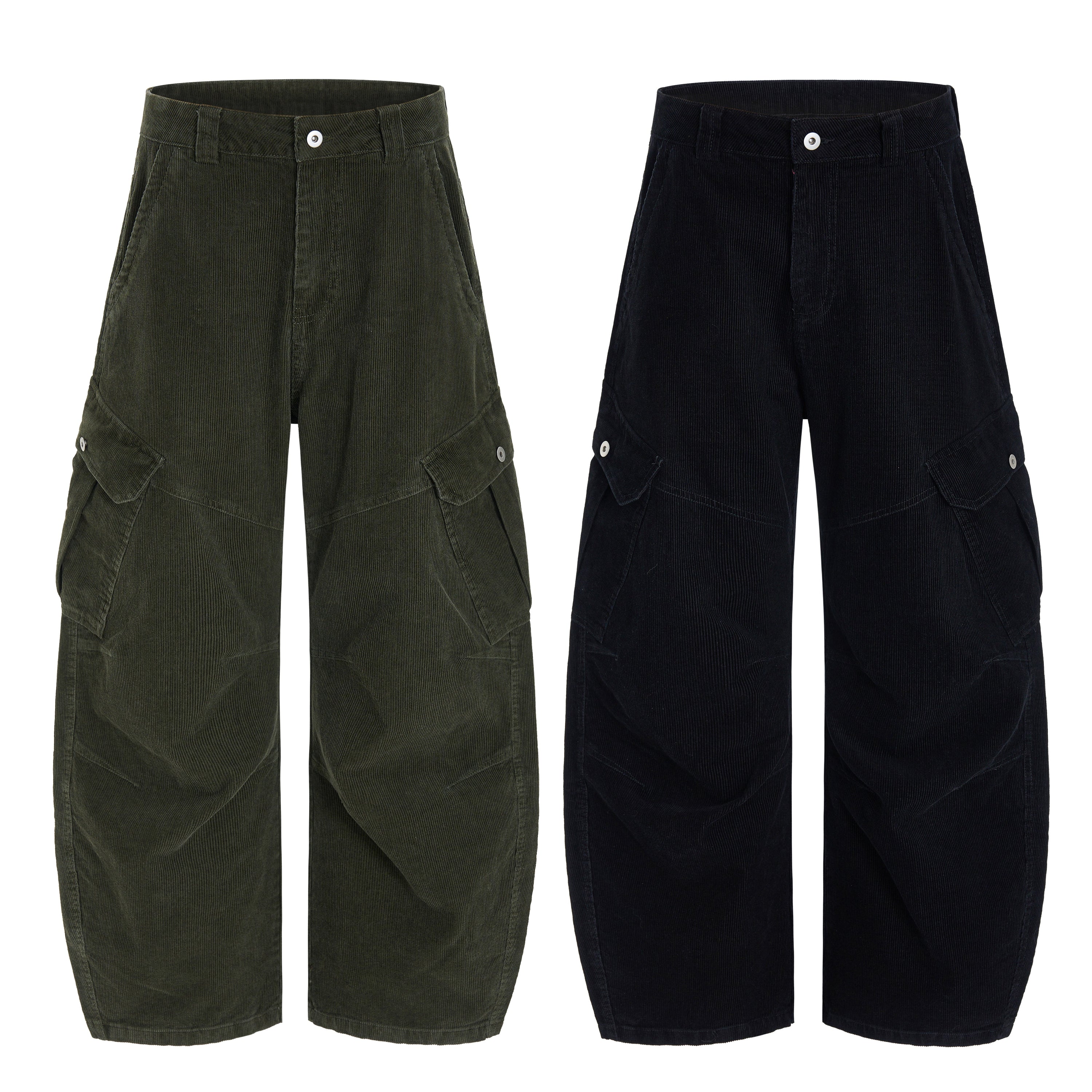 Army green and black corduroy wide-leg cargo pants with flap pockets and snap buttons, displayed side by side on white backgr