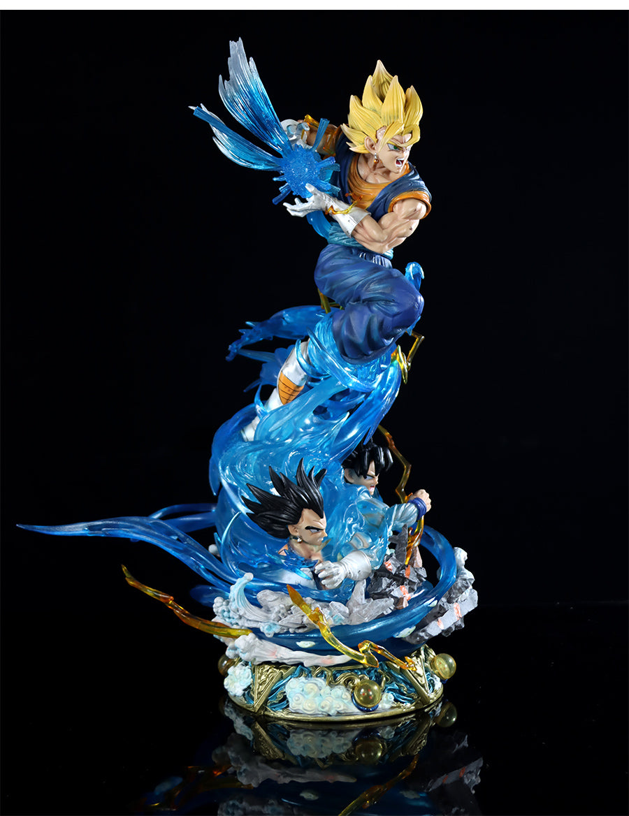 The Seakoff Goku Transformations Collectible Figure from Dragon Ball Super features detailed figurines with spiky blonde and black hair, surrounded by swirling blue energy on a decorative round base. The 46cm figure includes interchangeable heads and glowing effects for varied display.