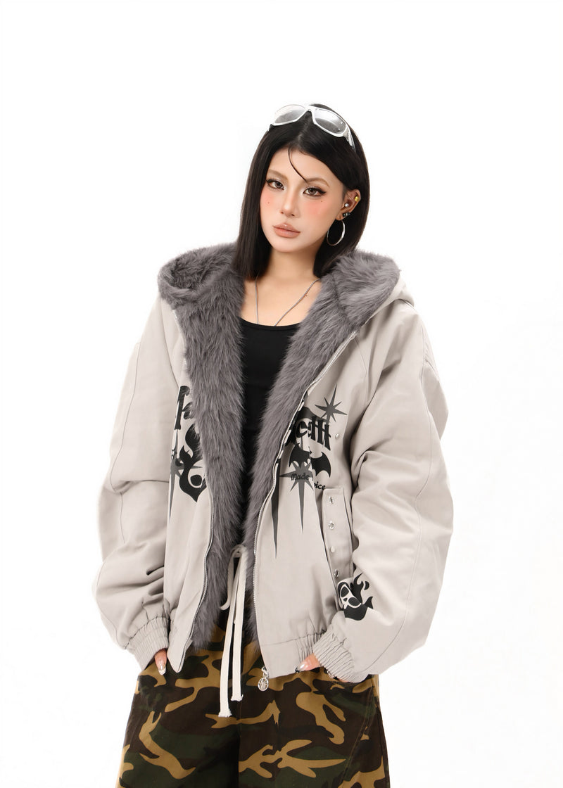 Faux Fur Collar Quilted Bomber Jacket | Streetwear Graphic