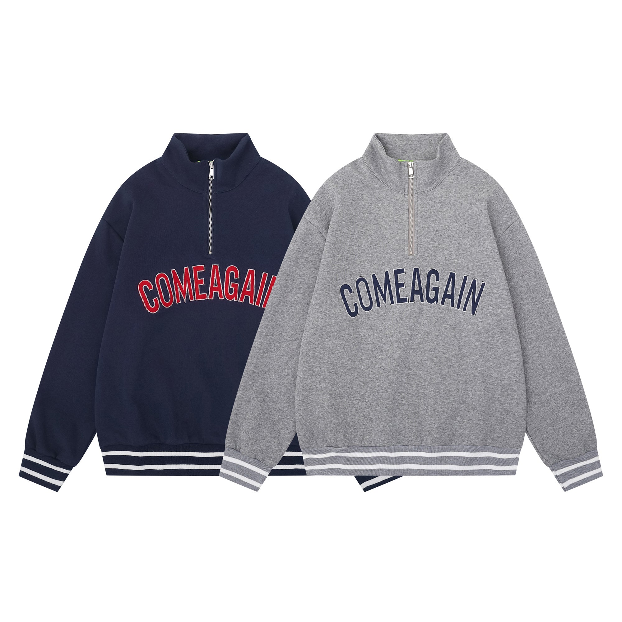 Navy and grey varsity half-zip mockneck sweatshirts with arched COME AGAIN chest lettering and striped ribbed hem