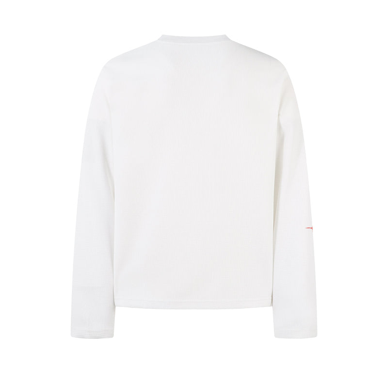 Back view of white long sleeve tee with plain textured knit and no graphic print