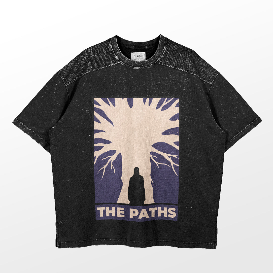 The Paths Attack on Titan T-Shirt by Attack on Titan features a mystical anime graphic of a sprawling tree with branches and a bold silhouette representing &quot;The Paths,&quot; reminiscent of an iconic scene from anime conventions.