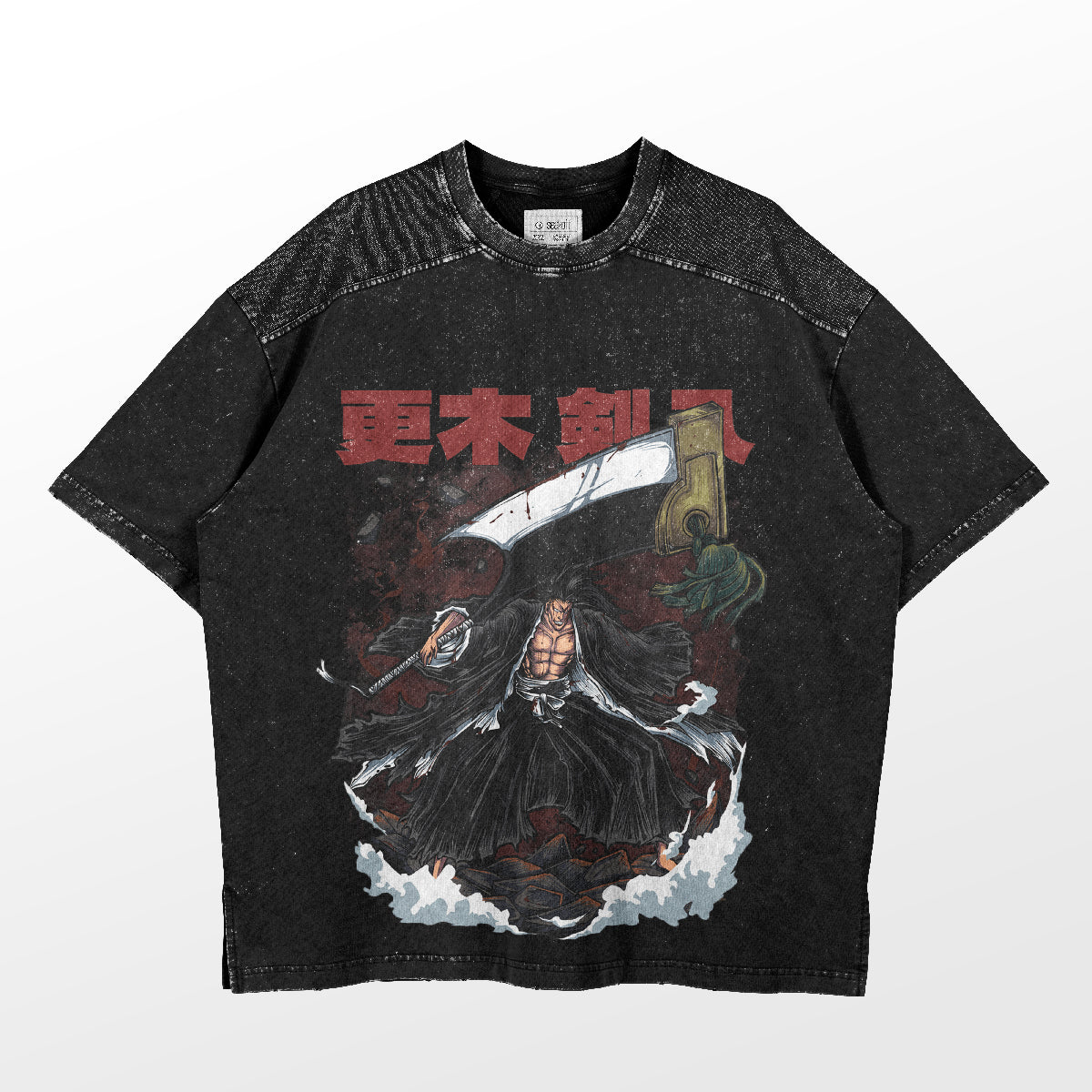 The Bleach cotton T-shirt in black showcases an anime character with a large sword, surrounded by swirling energy. Japanese text enhances its summer appeal, and the shirt features a distressed texture.