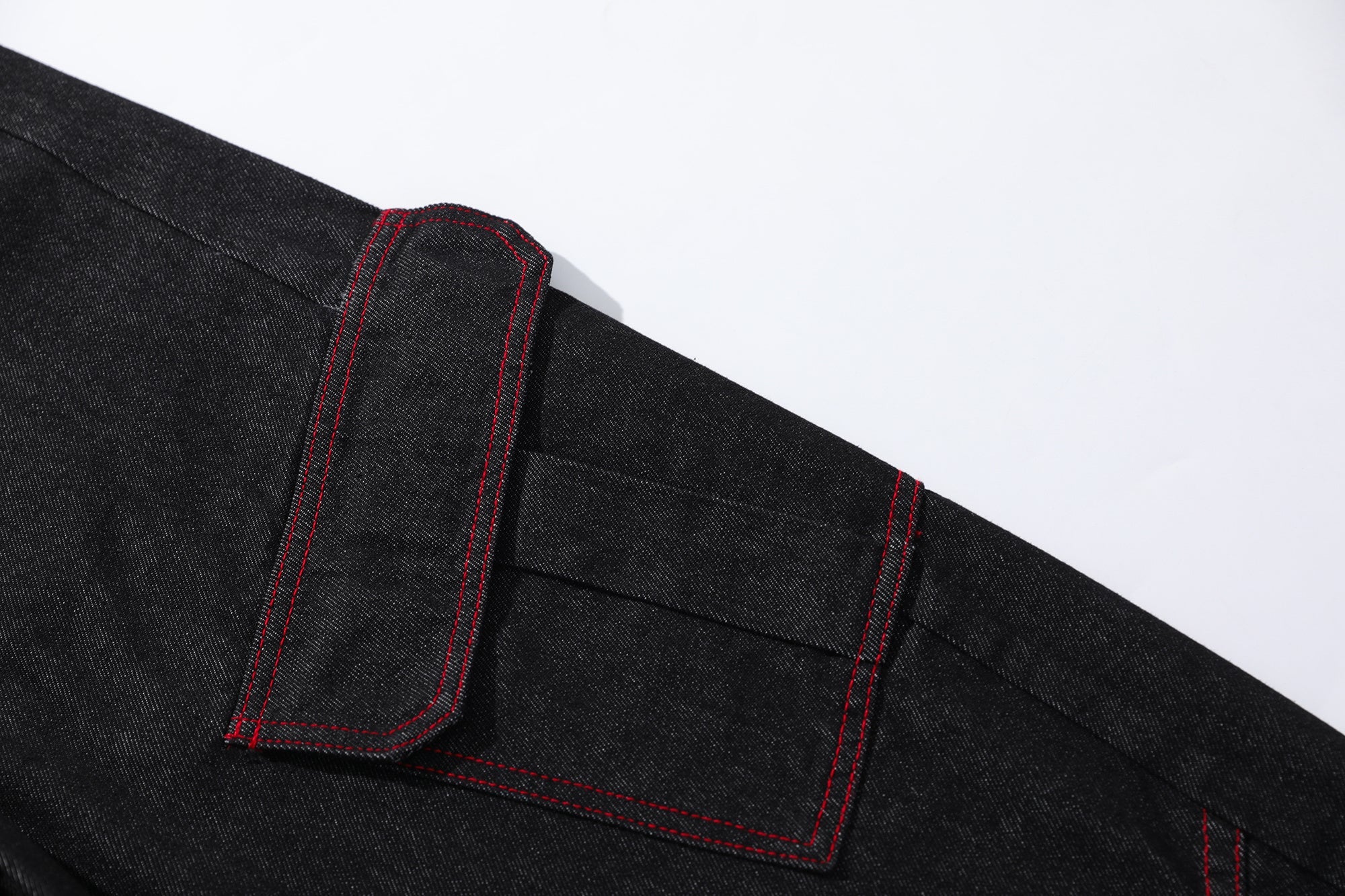 Omirad Red-Stitch Curved Cargo Denim Pants | Wide Leg