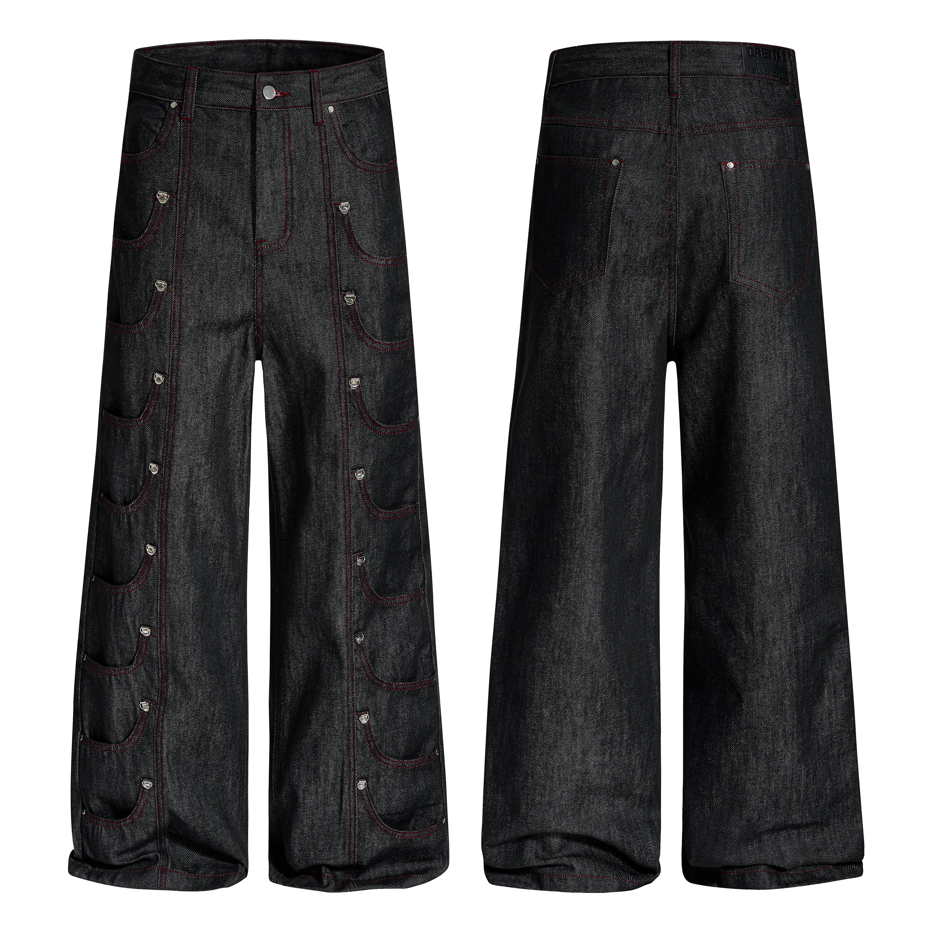 Black wide-leg denim pants with red contrast stitching and symmetrical snap-button scalloped pockets on both legs, front and