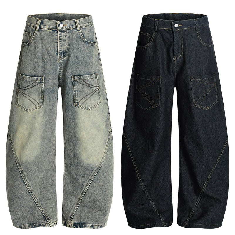 Wide-leg denim jeans in light wash and black, showing front view with curved stitch pockets