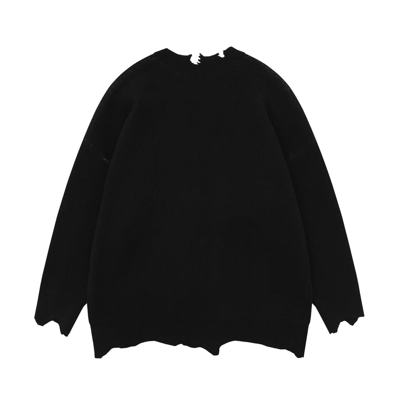 Black knit sweater back view with ripped collar, ribbed cuffs, and distressed hem