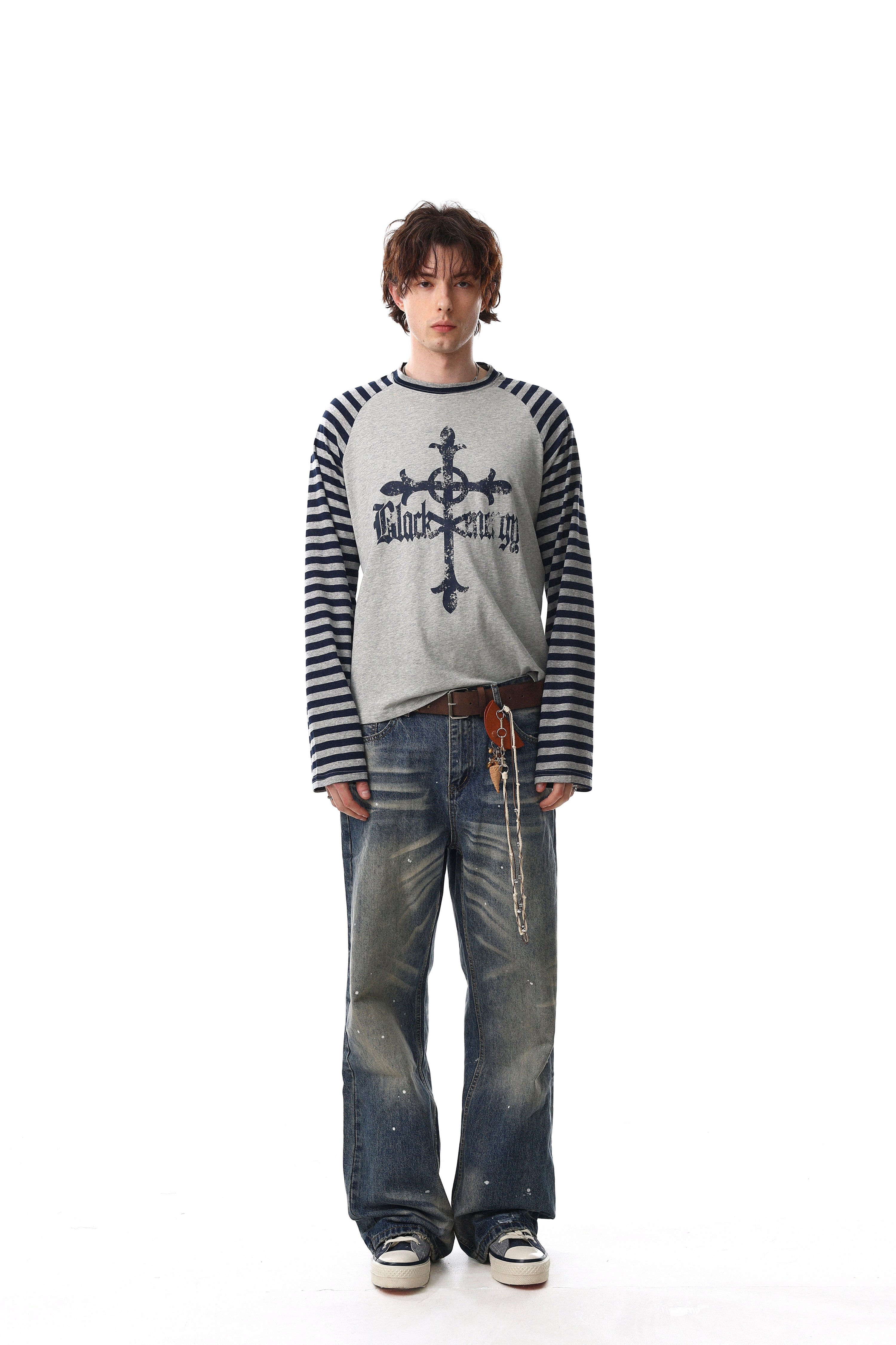 Gothic Cross Graphic Raglan Long Sleeve Tee | Striped Sleeves