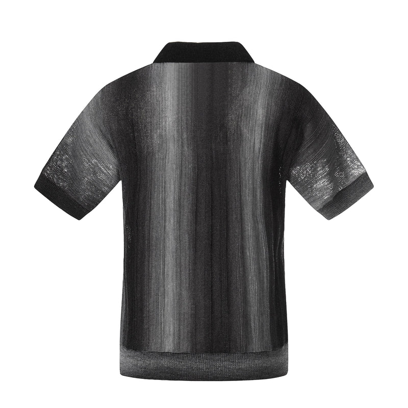 Black open-knit polo shirt with gradient vertical stripes and relaxed short sleeves, shown from the back