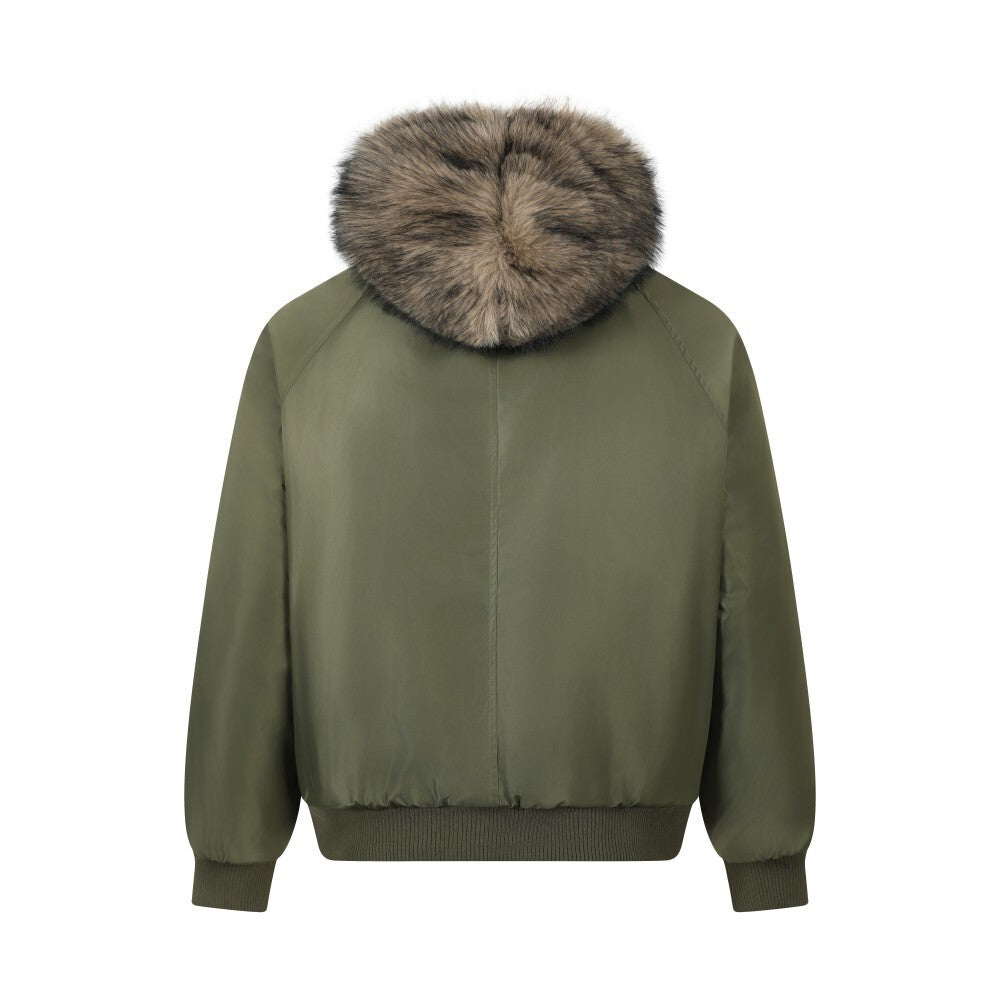 Reversible Plaid Faux Fur Hooded Bomber Jacket | Military Green