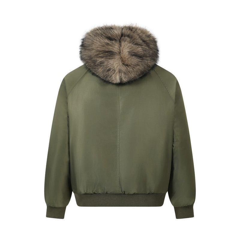 Reversible Plaid Faux Fur Hooded Bomber Jacket | Military Green