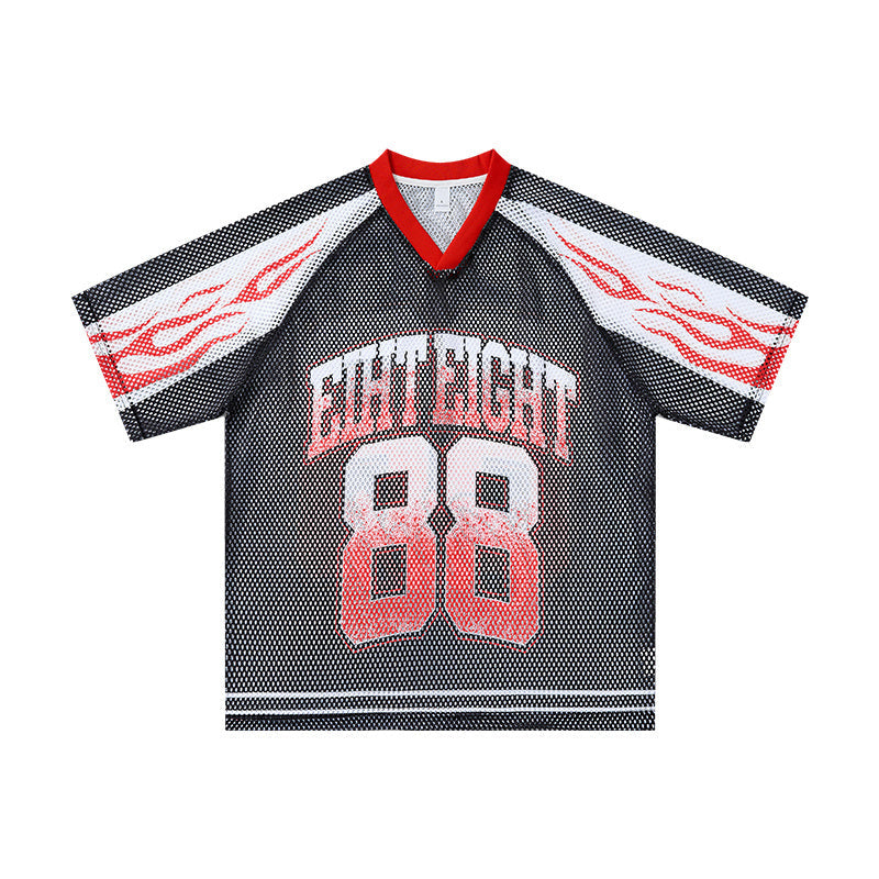 Black mesh jersey with red flame sleeve graphics, gradient number 88 print, and red V-neckline, front view