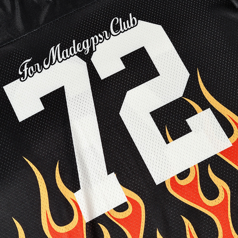 Black football jersey with oversized white number 72 and flame graphics in a streetwear varsity style