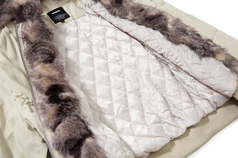 Studded Faux Fur-Trim Hooded Bomber Jacket | Washed Cotton