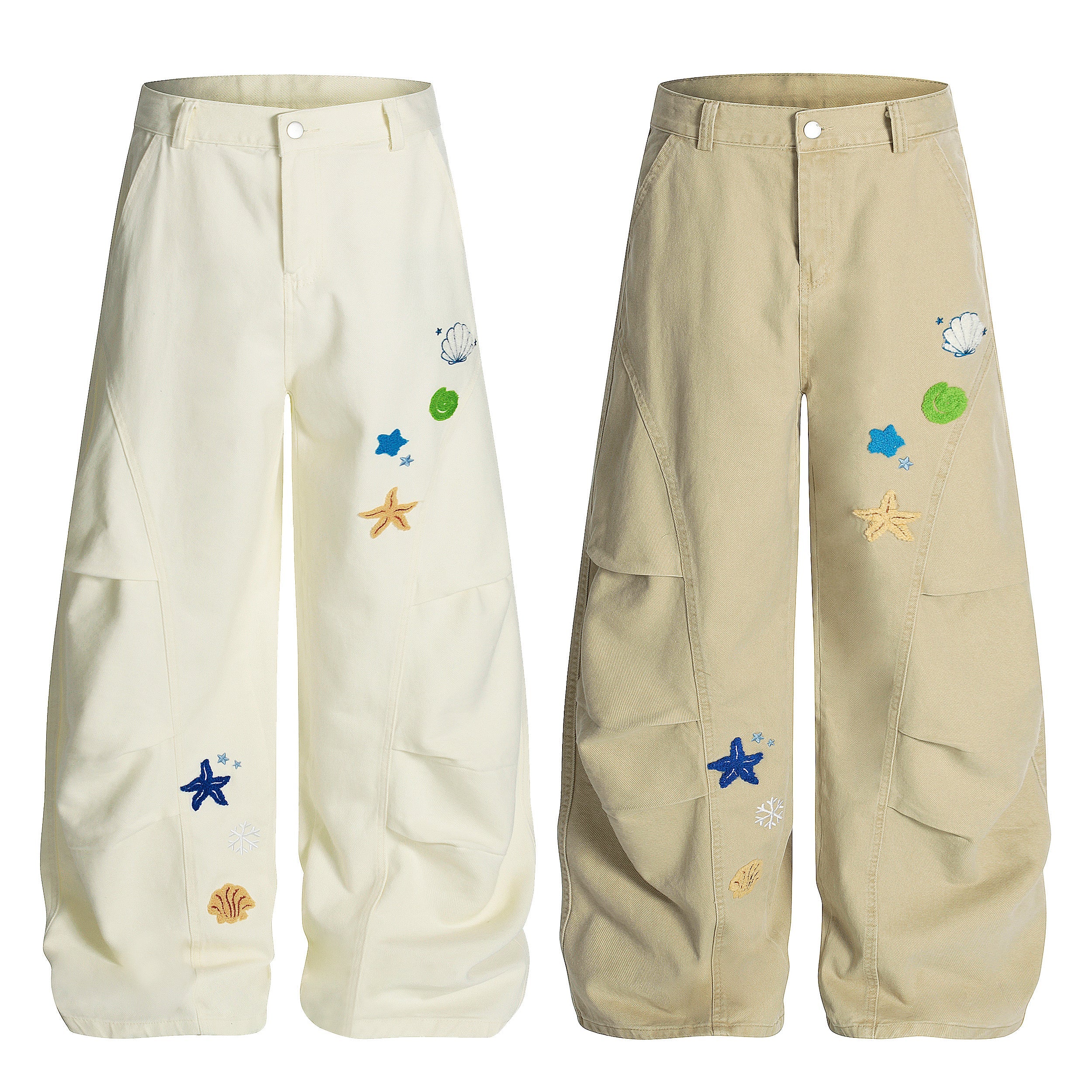 Off-white and khaki wide-leg cargo pants with colorful sea shell and starfish embroidery, shown side by side on white backgro