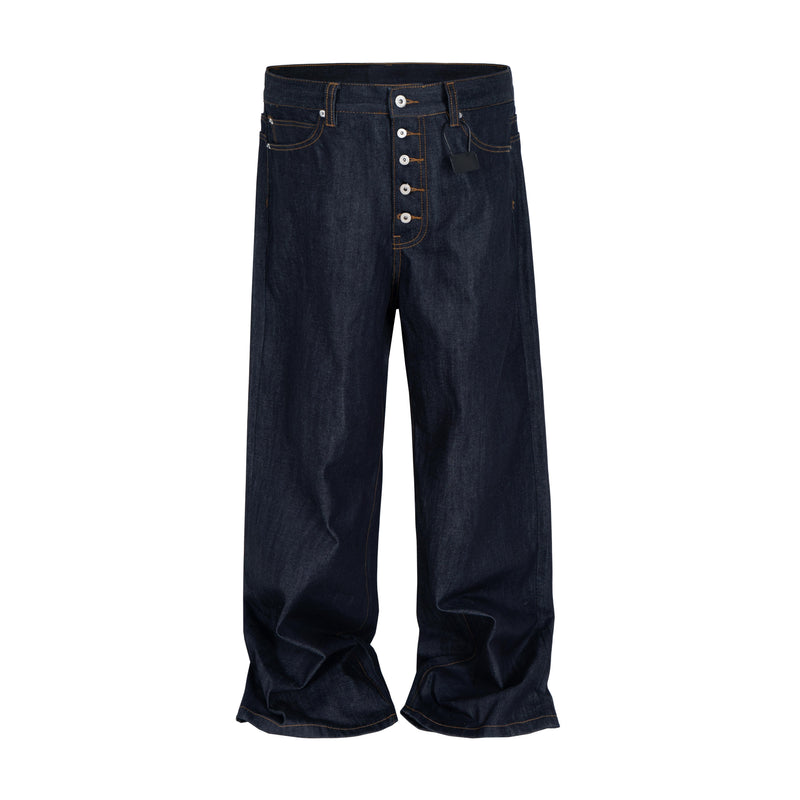 Front view of dark denim jeans with high-rise button fly and wide legs