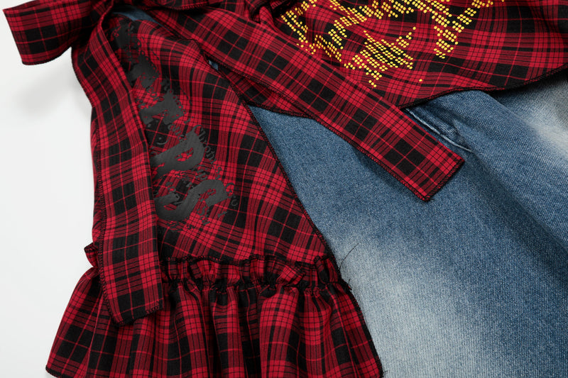 Plaid Ruffle Overlay Wide-Leg Denim Pants | Streetwear
